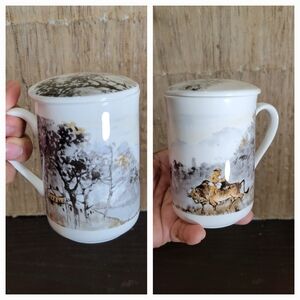 BOSSIGI "boy on cow" Fine China coffee / tea cup/ with Cover  NWOT